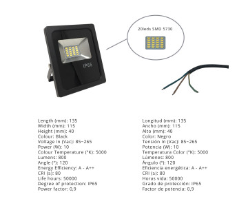 Proyector LED para exterior 110-240V 10W 5000K 800Lm IP65 negro
