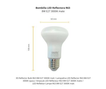 Bombilla Reflectora LED R63 8W E27 3000K mate